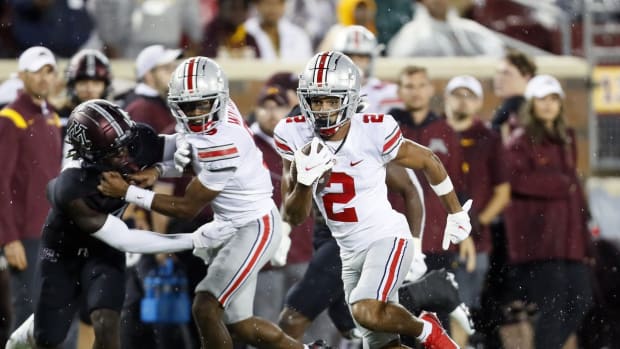 Receiver Chris Olave caught four passes for 117 yards and two touchdowns.